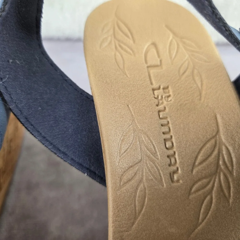 CL by Laundry Womens Navy Blue Strappy Cork Wedge Sandal Platform Size 7